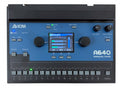 Top view of an AVIOM A640 personal mixer with buttons, knobs, and a color LCD screen showing audio controls.