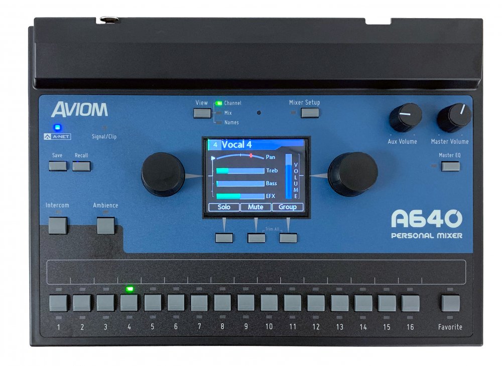 Top view of an AVIOM A640 personal mixer with buttons, knobs, and a color LCD screen showing audio controls.