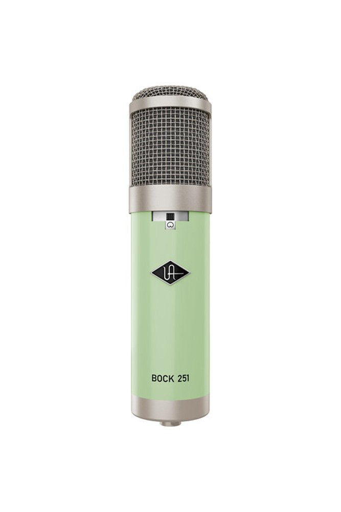 Light green and silver studio microphone with mesh grille and small slider switch visible on the front.