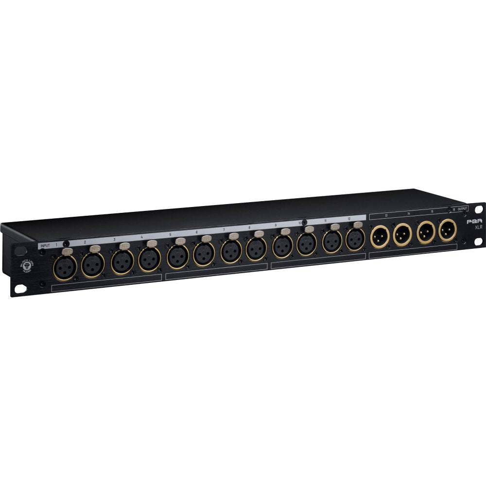 Rackmount patchbay with 12 female XLR input connectors and 6 male XLR output connectors with toggle switches above inputs.