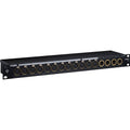 Rackmount patchbay with 12 female XLR input connectors and 6 male XLR output connectors with toggle switches above inputs.