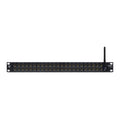 Black rackmount patchbay with four rows of 1/4 inch TRS jacks and a wireless antenna on the right side.