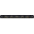 Front view of a 24-port 1/4 inch TRS patchbay panel with black faceplate and gold connectors.