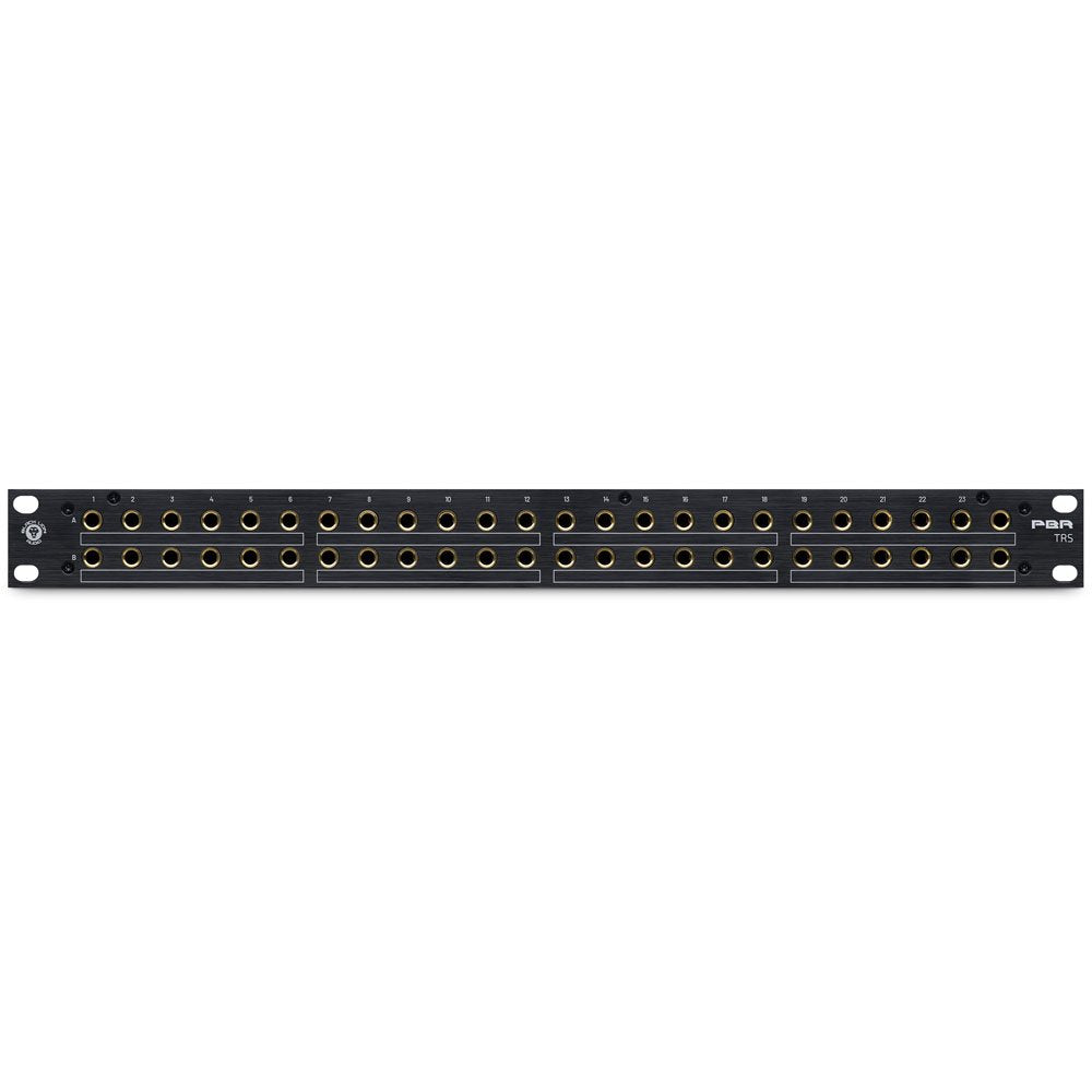 Front view of a 24-port 1/4 inch TRS patchbay panel with black faceplate and gold connectors.