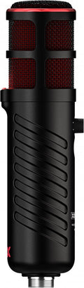 Vertical black and red studio microphone with metal mesh grille and threaded connector at the bottom.