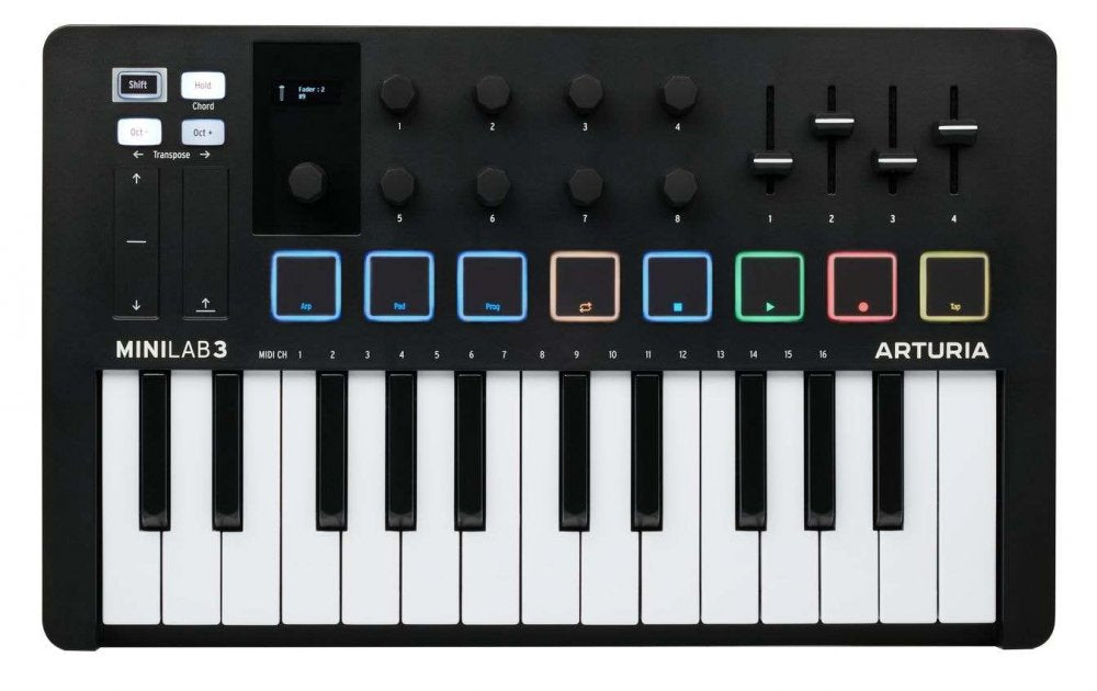 Black MIDI controller with 25 keys, 8 knobs, 4 faders, and multicolored pads with control buttons on top panel.
