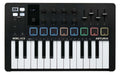 Black MIDI controller with 25 keys, 8 knobs, 4 faders, and multicolored pads with control buttons on top panel.