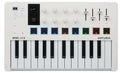 White MIDI controller with multiple keys, knobs, faders, touch strips, and illuminated buttons.