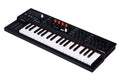 Black Arturia MiniFreak keyboard synthesizer with white and black keys, multiple knobs, and buttons.