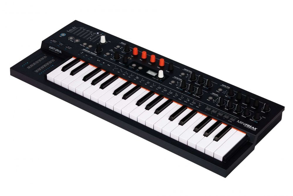 Black Arturia MiniFreak keyboard synthesizer with white and black keys, multiple knobs, and buttons.