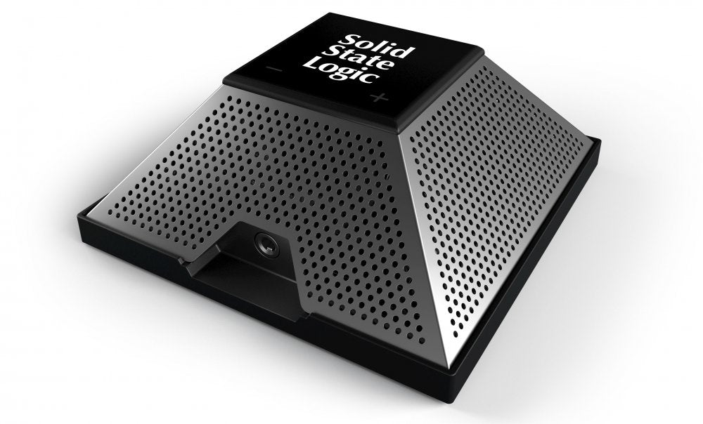 Black and gray pyramid-shaped device with perforated metal sides and Solid State Logic branding on top.