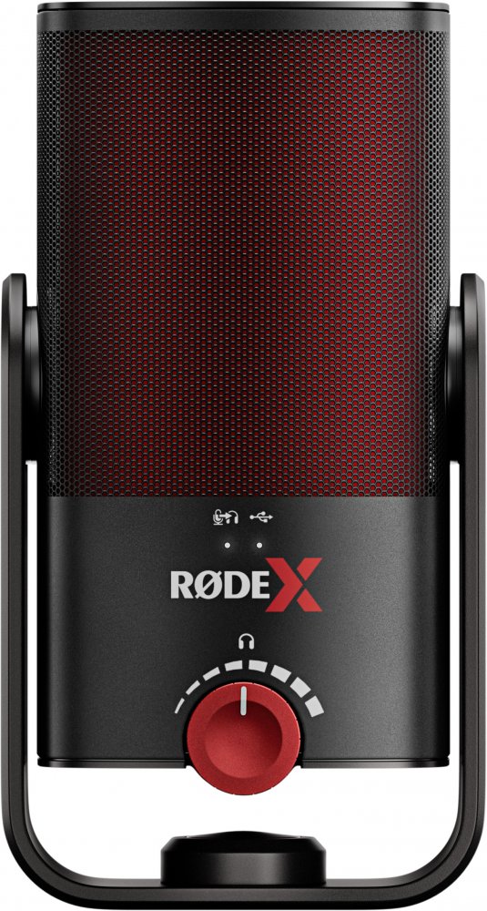 Front view of a black and red Rode microphone with a red rotary knob and USB port symbol.