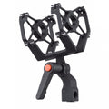 Black double microphone suspension shockmount with adjustment lever and threaded mounting hole.