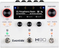 White Eventide H90 Harmonizer pedal with knobs, footswitches, and a black display showing "01 Polyphonic Room" preset.