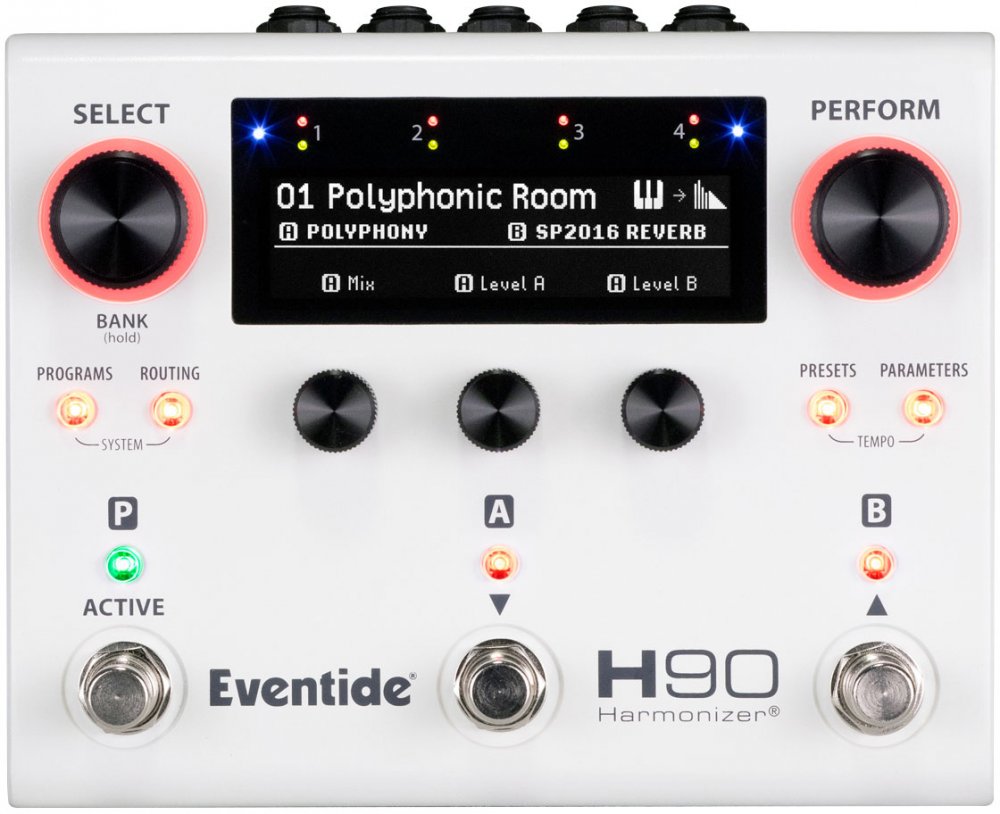 White Eventide H90 Harmonizer pedal with knobs, footswitches, and a black display showing "01 Polyphonic Room" preset.