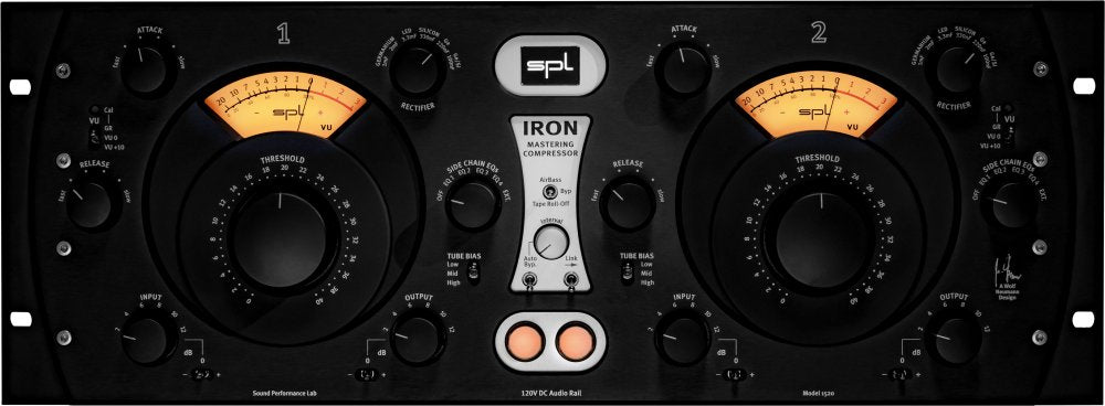 Front panel of SPL Iron mastering compressor with dual analog meters, multiple knobs, and buttons in black metal casing.