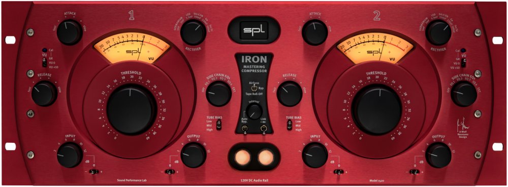 Red SPL Iron Mastering Compressor v2 unit with dual channel controls and illuminated VU meters.