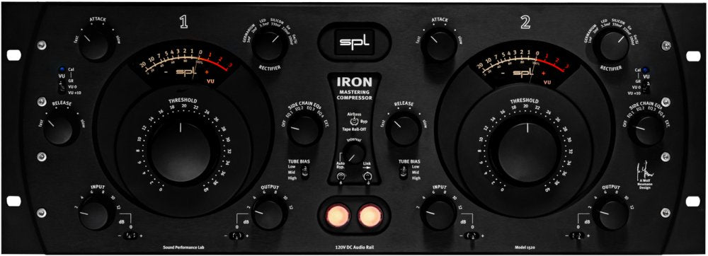 Front view of a black SPL Iron mastering compressor with multiple knobs, meters, and toggle switches.