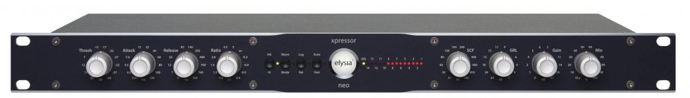 Black rackmount audio processor with multiple white rotary knobs and a toggle switch on the front panel.