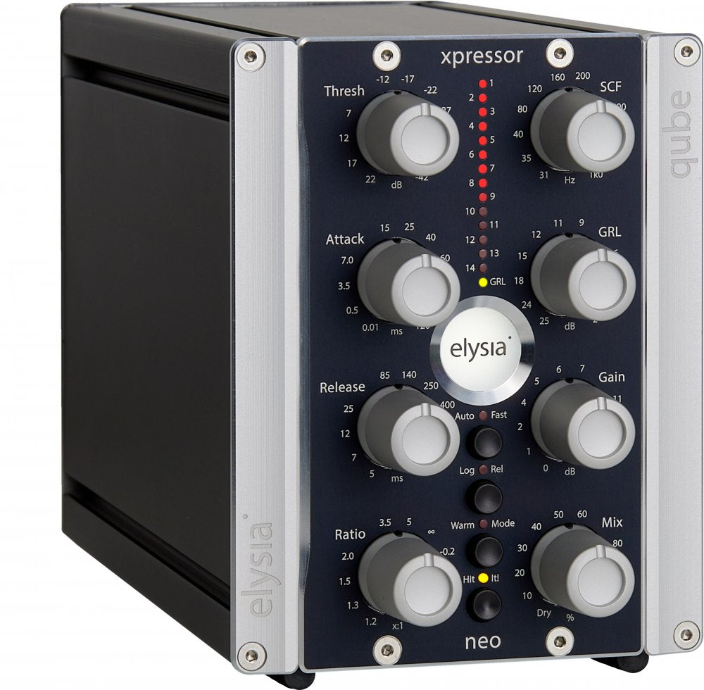 Front panel of an elysia neo xpressor audio processor showing multiple control knobs and LED indicators.