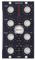 Front panel of an elysia xpressor neo 500 audio processor module with knobs and LED indicators.
