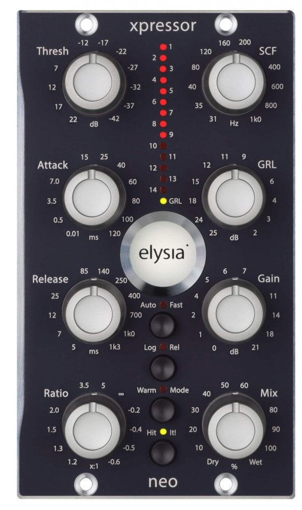 Front panel of an elysia xpressor neo 500 audio processor module with knobs and LED indicators.