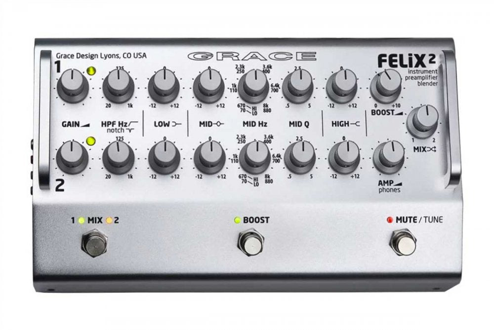 Silver instrument preamplifier blender device with multiple rotary knobs and three footswitch buttons.