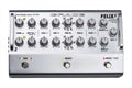 Silver instrument preamplifier blender device with multiple rotary knobs and three footswitch buttons.