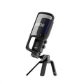 Black tabletop studio microphone with mesh grille on a small tripod stand
