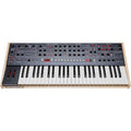 Black and wood-tone keyboard synthesizer with knobs, buttons, LEDs, and pitch/modulation wheels on top panel.