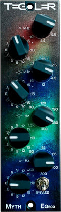 Close-up of an audio equalizer panel with six rotary knobs and a bypass toggle switch.