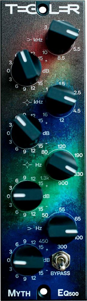 Close-up of an audio equalizer panel with six rotary knobs and a bypass toggle switch.