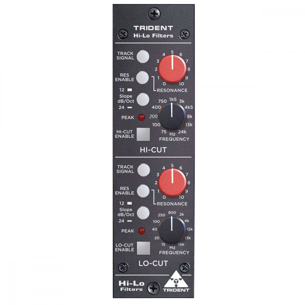 Front panel of a Trident Hi-Lo Filters audio processor module with knobs, buttons, and LED indicators for hi-cut and lo-cut filters.