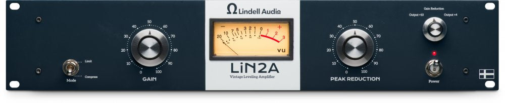 Front panel of a Lin2A vintage leveling amplifier with knobs, switches, a power button, and a VU meter.