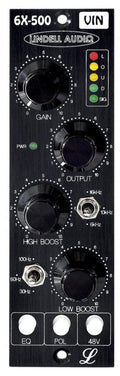 Front panel of a LINDELL AUDIO 6X-500VIN preamp/DI with knobs, toggle switches, and LED indicators.