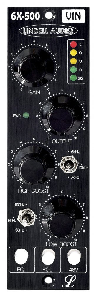 Front panel of a LINDELL AUDIO 6X-500VIN preamp/DI with knobs, toggle switches, and LED indicators.