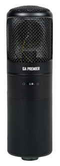 Black cylindrical microphone with metal mesh grille and a slider switch on body labeled GA PREMIER