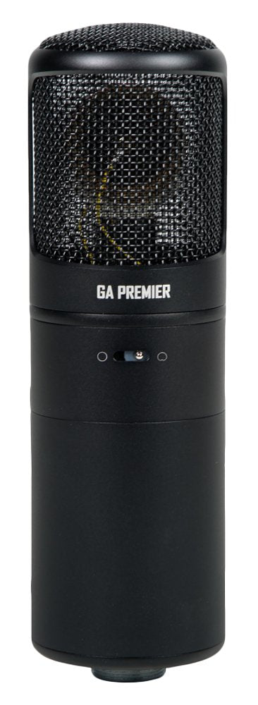 Black cylindrical microphone with metal mesh grille and a slider switch on body labeled GA PREMIER