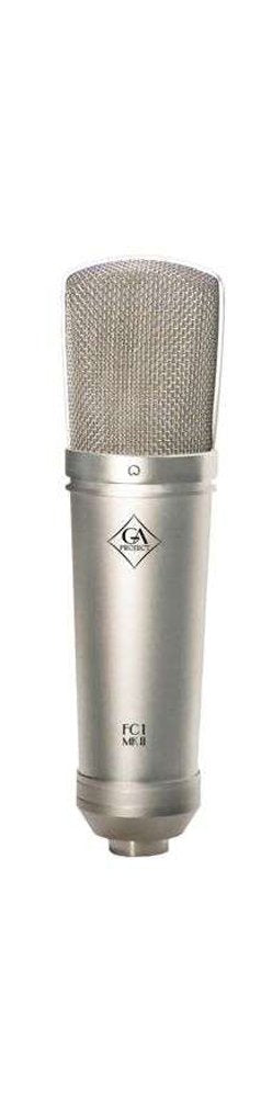 Silver studio microphone with a metal mesh grille and cylindrical body labeled FC 1 MK II.