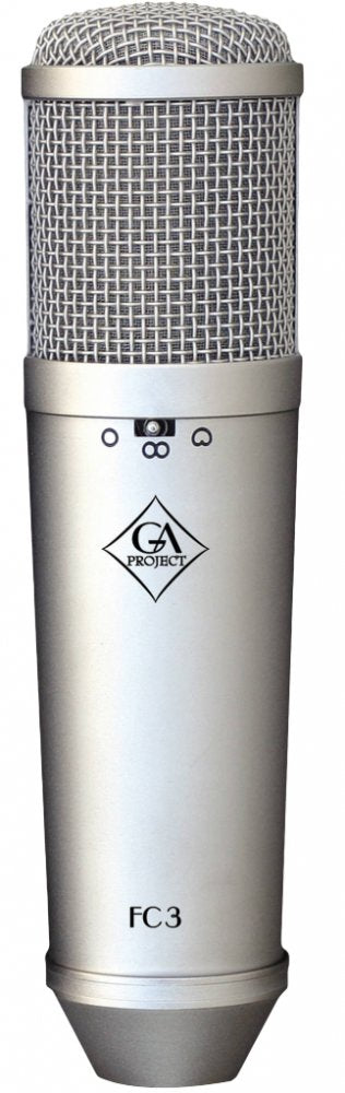 Silver condenser microphone with mesh grille, a switch, and GA Project logo on the body.