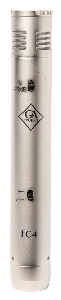 Silver cylindrical microphone with GA Project logo and two toggle switches on the front.