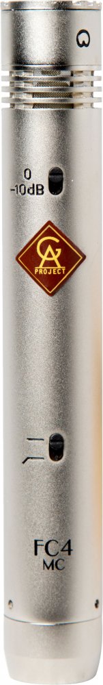 Silver cylindrical microphone with switches and logo on the body against a white background.