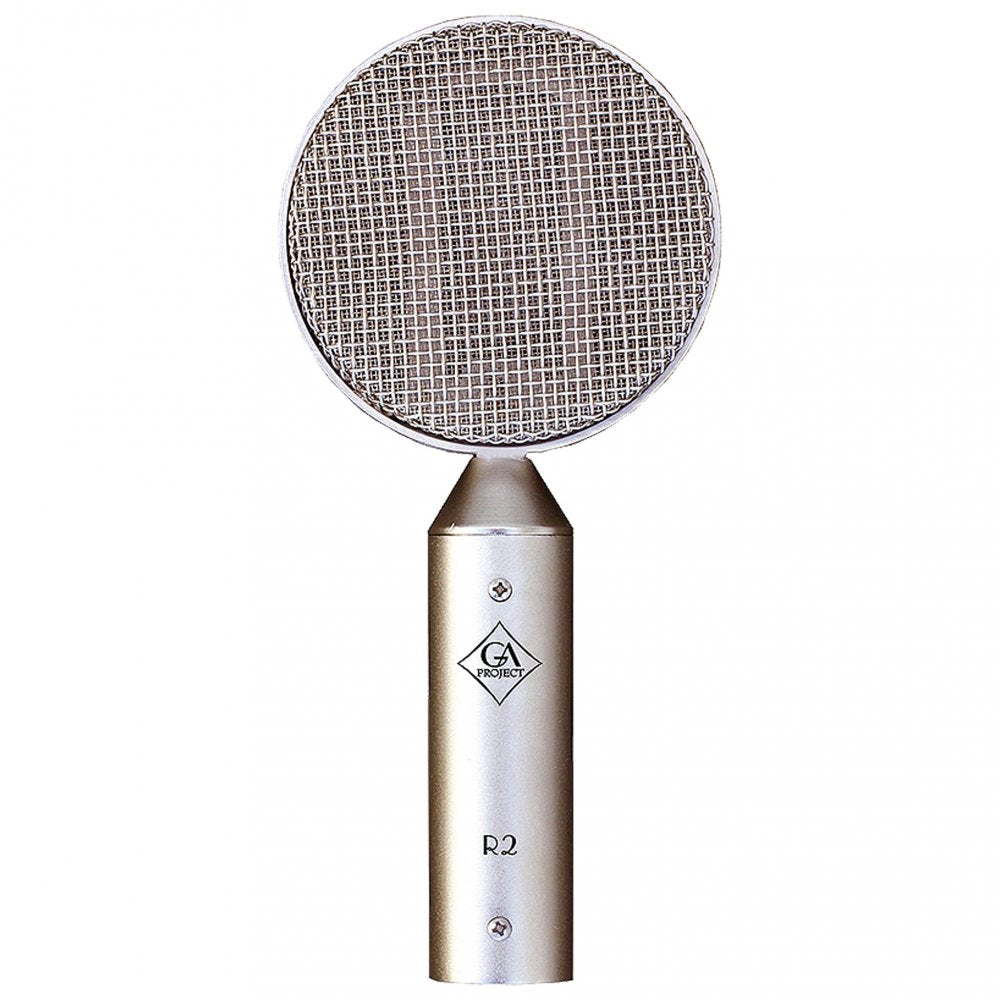 Front view of a silver microphone with a large round mesh grille and GA Project logo on the body.