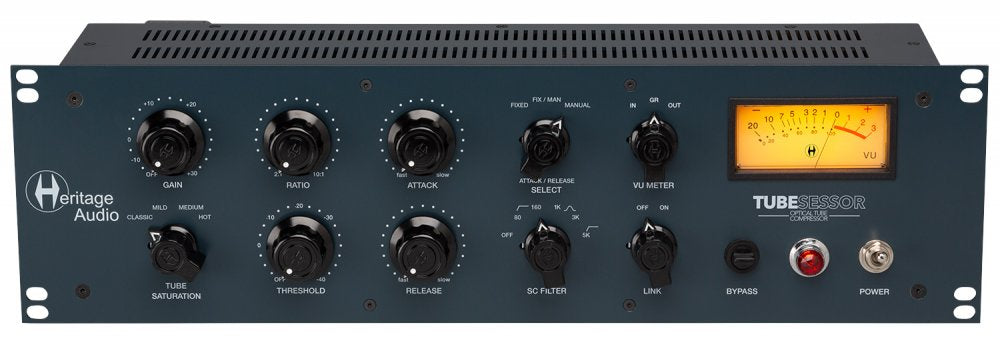 Front panel of a Heritage Audio Tubesessor optical tube compressor with various knobs, switches, a VU meter, and power controls.