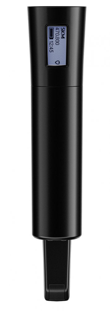 Black handheld device with a rectangular screen displaying text and icons, possibly a microphone transmitter.