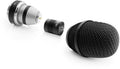 Disassembled microphone showing capsule, metal mesh windscreen, and metal body with connector.