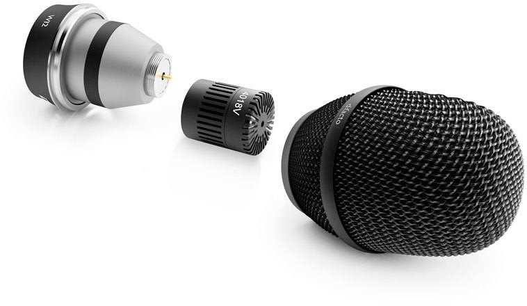 Disassembled black and silver microphone components including grille, capsule marked 4018V, and a mounting adapter.