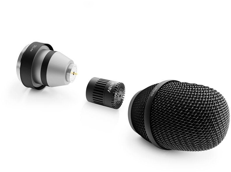 Disassembled black microphone with grille, capsule, and threaded adapter shown on white background.
