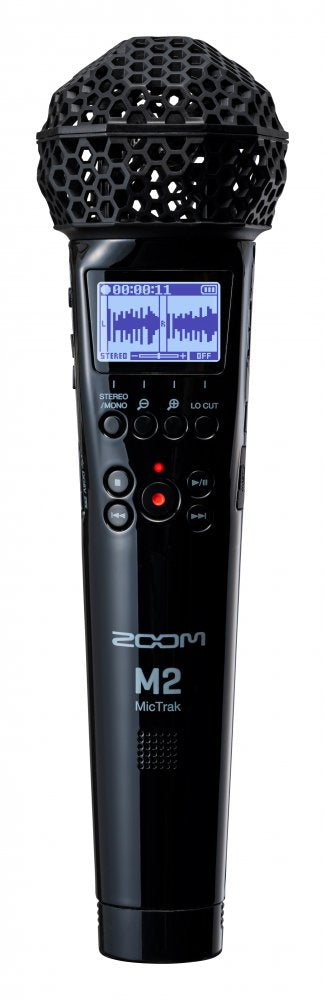 Black handheld microphone with a screen showing audio waveforms and multiple control buttons on the body.