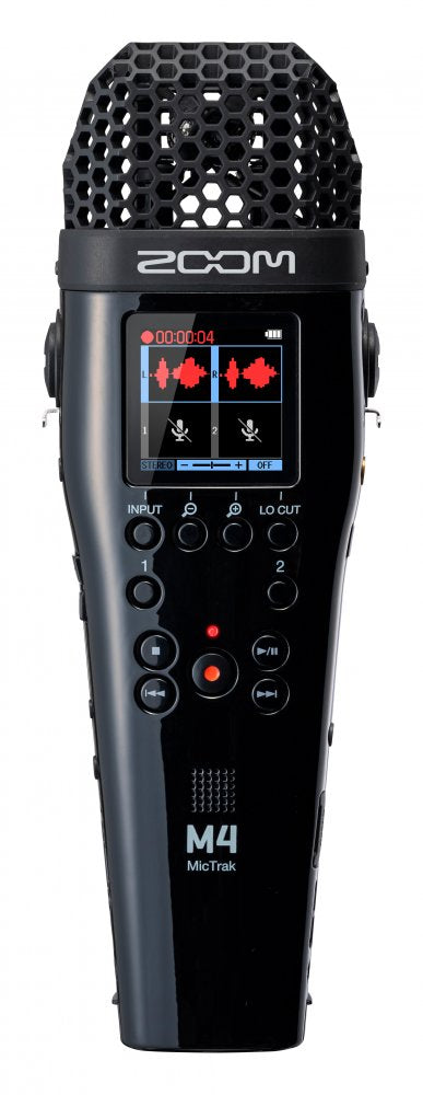 Front view of a black Zoom M4 MicTrak recording device with display and control buttons